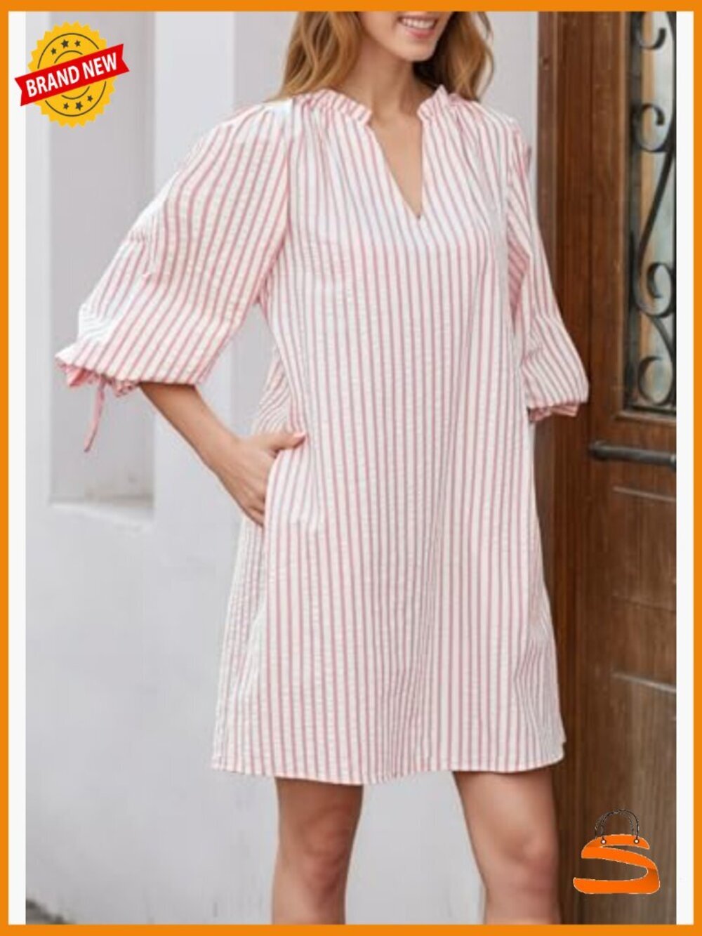 V Neck 3/4 Puff Sleeve Striped A Line Shirt Dress with Pockets - Picture 2 of 6